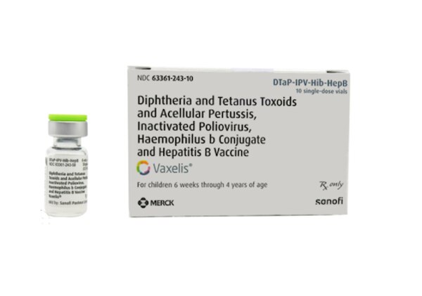 VAXELIS DTaP-IPV-Hib-HepB pediatric vaccine carton with ten 0.5 mL single-dose vials, NDC 63361-243-10